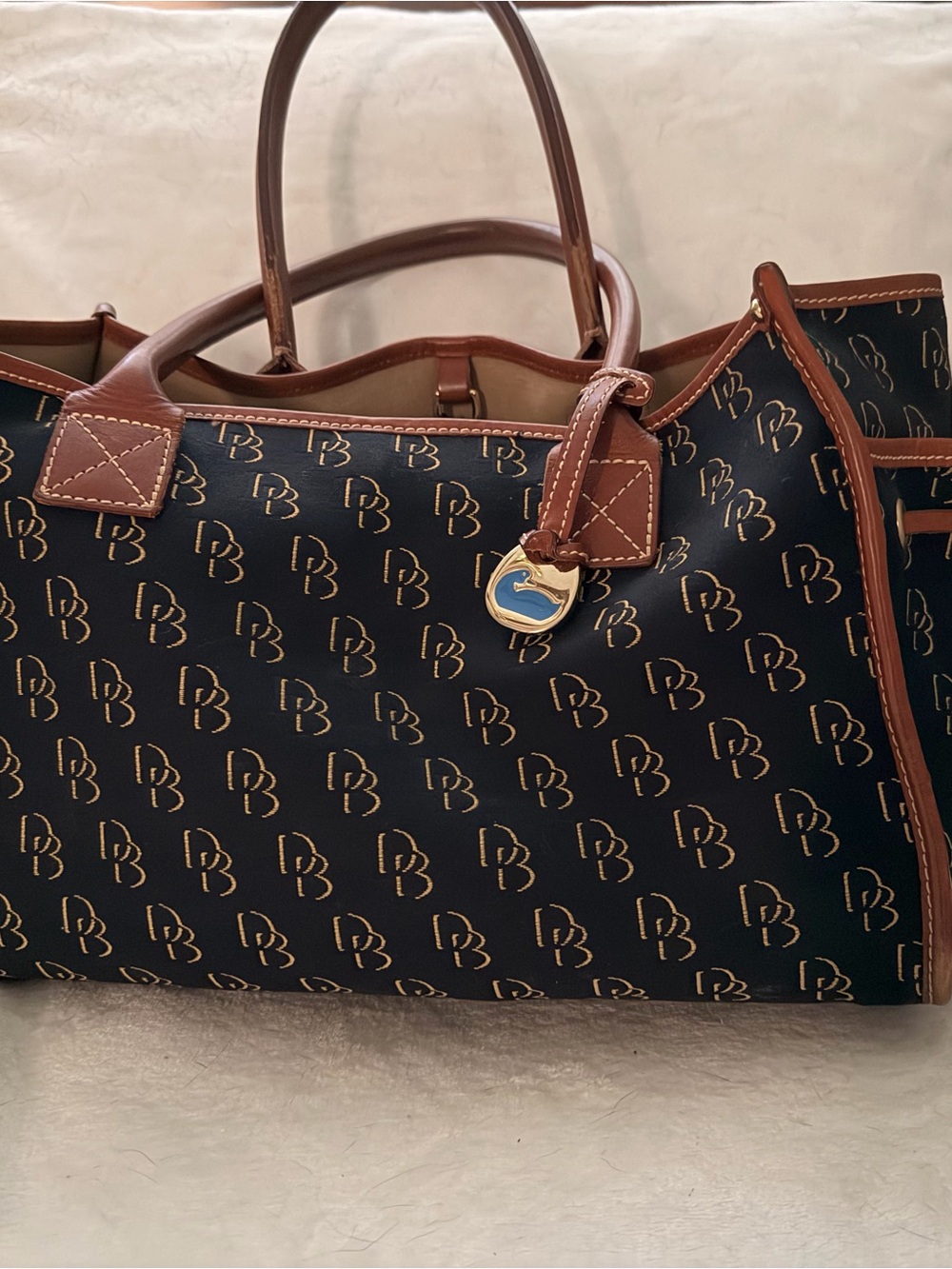 Dooney & Bourke Navy Signature Tote with Brown Leather Trim